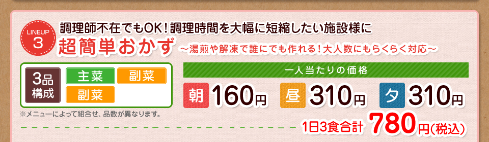超簡単おかず　３品（主菜・副菜・副菜）　1日3食合計780円（税込）
